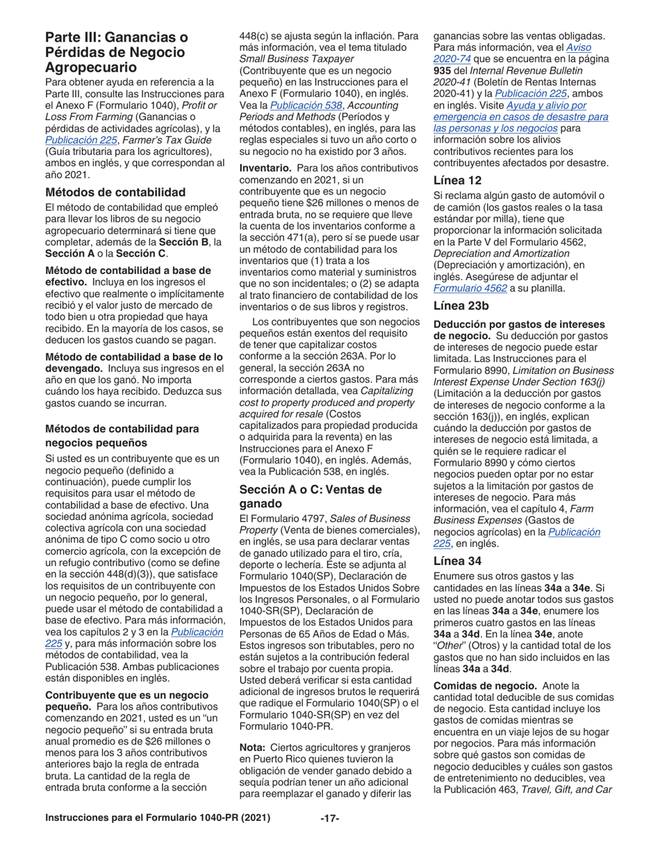 Instrucciones para IRS Formulario 1040-PR Planilla Para La Declaracion De La Contribucion Federal Sobre El Trabajo Por Cuenta Propia (Incluyendo El Credito Tributario Por Hijos Reembolsable Para Residentes Bona Fide De Puerto Rico) (Puerto Rican Spanish), Page 17