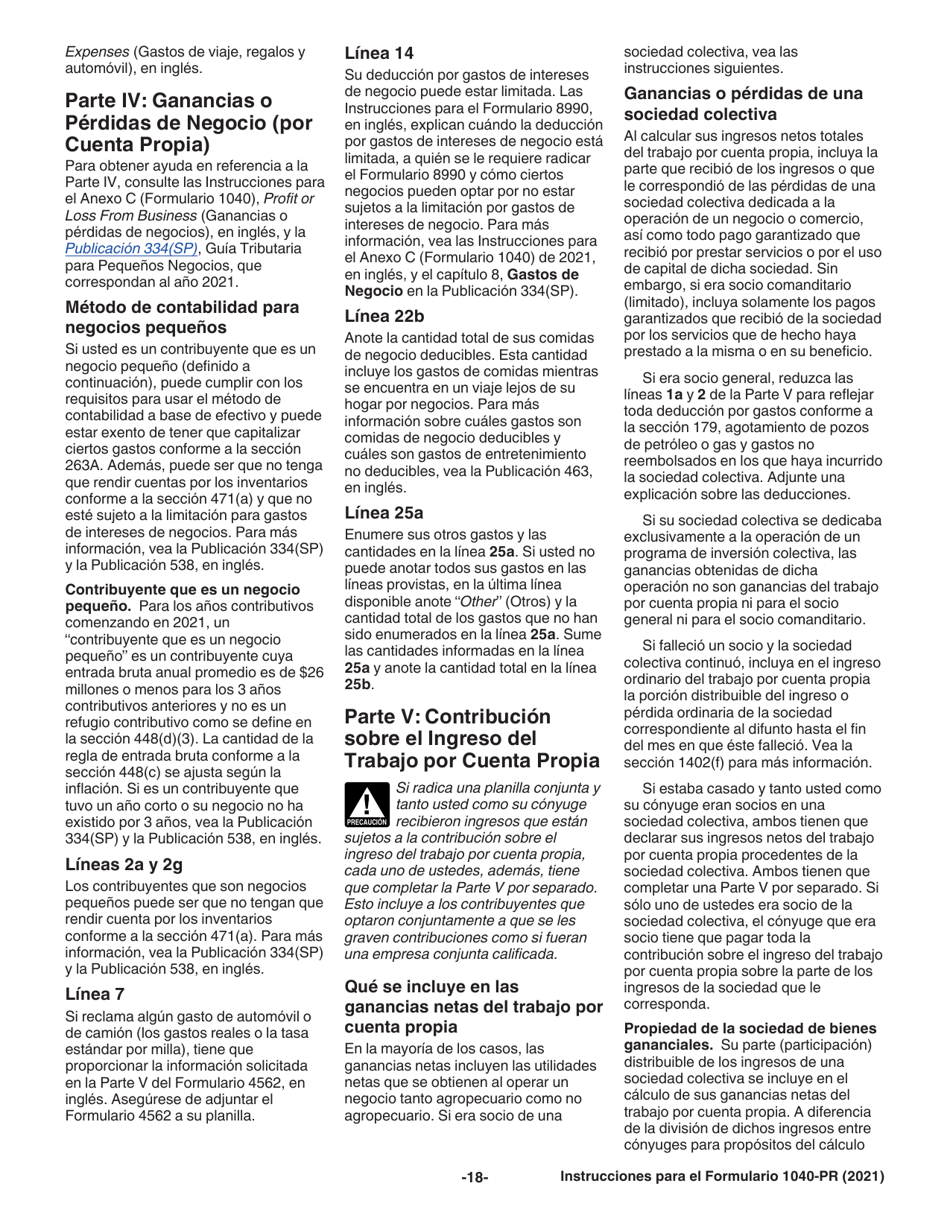 Instrucciones para IRS Formulario 1040-PR Planilla Para La Declaracion De La Contribucion Federal Sobre El Trabajo Por Cuenta Propia (Incluyendo El Credito Tributario Por Hijos Reembolsable Para Residentes Bona Fide De Puerto Rico) (Puerto Rican Spanish), Page 18
