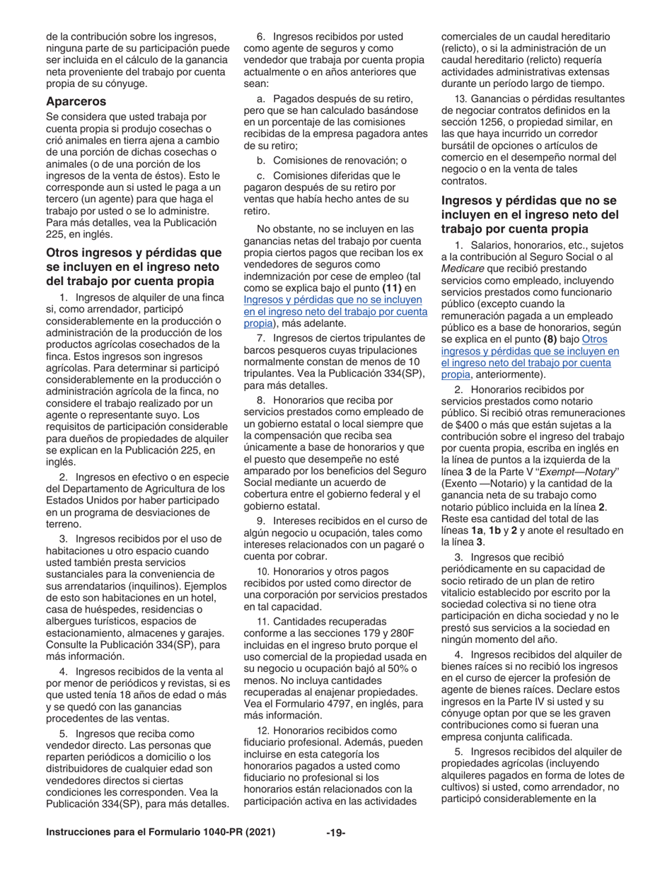 Instrucciones para IRS Formulario 1040-PR Planilla Para La Declaracion De La Contribucion Federal Sobre El Trabajo Por Cuenta Propia (Incluyendo El Credito Tributario Por Hijos Reembolsable Para Residentes Bona Fide De Puerto Rico) (Puerto Rican Spanish), Page 19