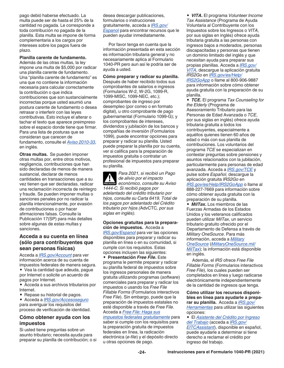 Instrucciones para IRS Formulario 1040-PR Planilla Para La Declaracion De La Contribucion Federal Sobre El Trabajo Por Cuenta Propia (Incluyendo El Credito Tributario Por Hijos Reembolsable Para Residentes Bona Fide De Puerto Rico) (Puerto Rican Spanish), Page 24