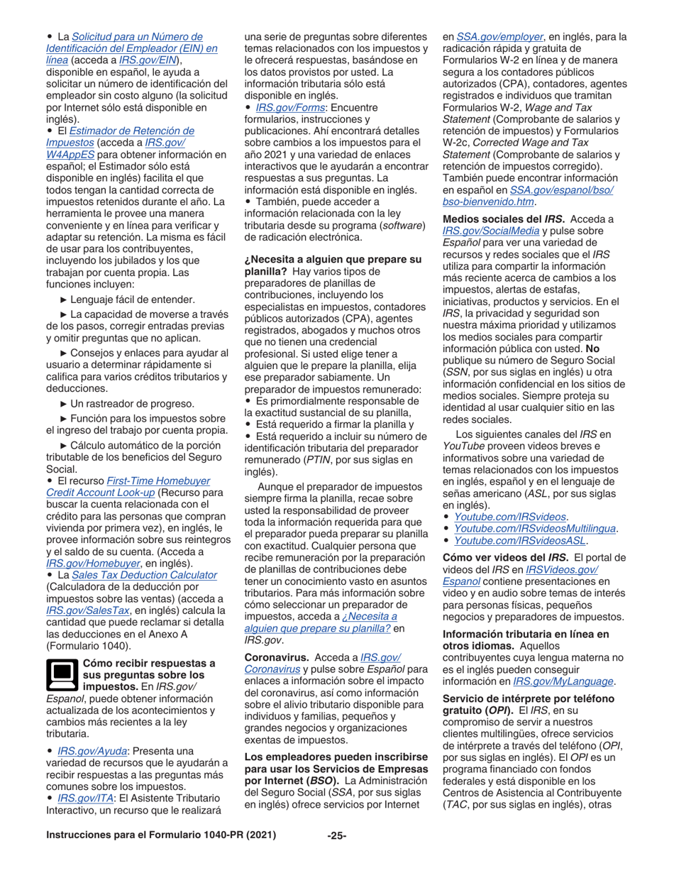 Instrucciones para IRS Formulario 1040-PR Planilla Para La Declaracion De La Contribucion Federal Sobre El Trabajo Por Cuenta Propia (Incluyendo El Credito Tributario Por Hijos Reembolsable Para Residentes Bona Fide De Puerto Rico) (Puerto Rican Spanish), Page 25