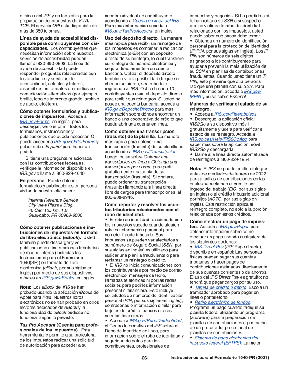 Instrucciones para IRS Formulario 1040-PR Planilla Para La Declaracion De La Contribucion Federal Sobre El Trabajo Por Cuenta Propia (Incluyendo El Credito Tributario Por Hijos Reembolsable Para Residentes Bona Fide De Puerto Rico) (Puerto Rican Spanish), Page 26