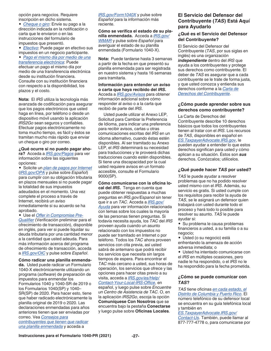 Instrucciones para IRS Formulario 1040-PR Planilla Para La Declaracion De La Contribucion Federal Sobre El Trabajo Por Cuenta Propia (Incluyendo El Credito Tributario Por Hijos Reembolsable Para Residentes Bona Fide De Puerto Rico) (Puerto Rican Spanish), Page 27