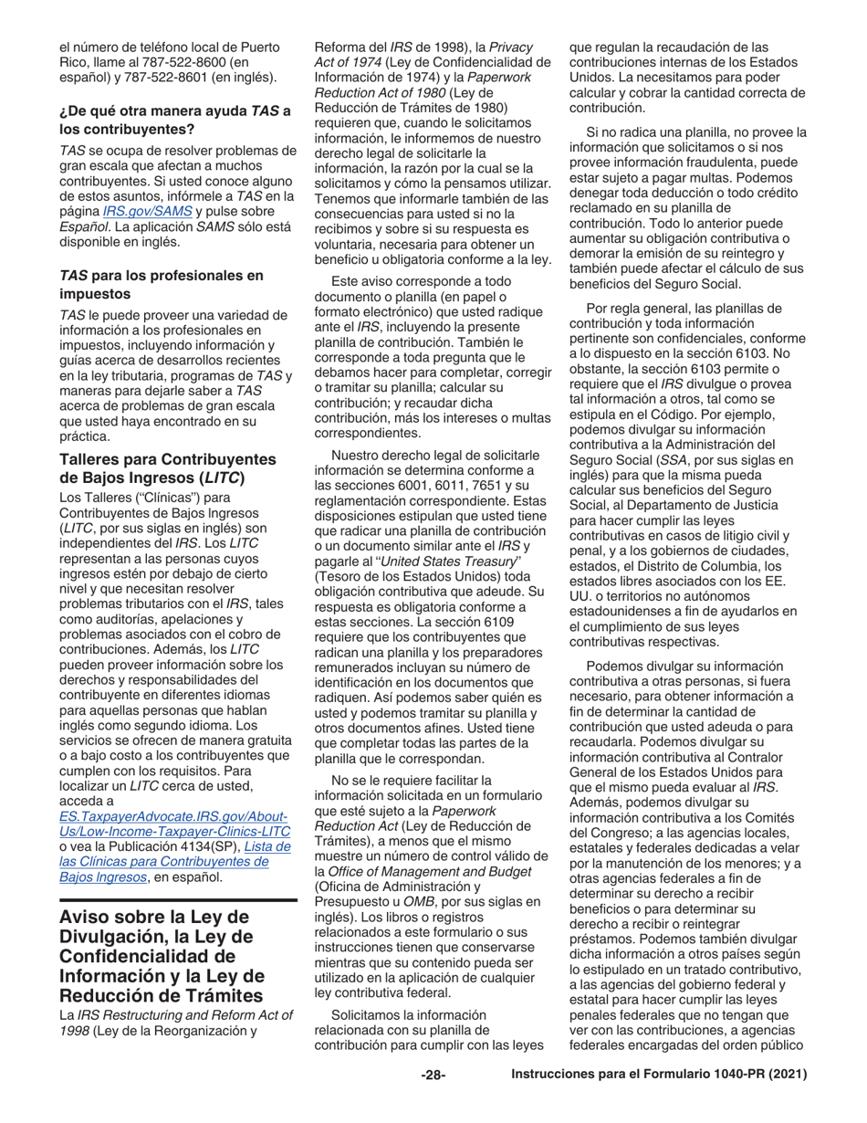 Instrucciones para IRS Formulario 1040-PR Planilla Para La Declaracion De La Contribucion Federal Sobre El Trabajo Por Cuenta Propia (Incluyendo El Credito Tributario Por Hijos Reembolsable Para Residentes Bona Fide De Puerto Rico) (Puerto Rican Spanish), Page 28