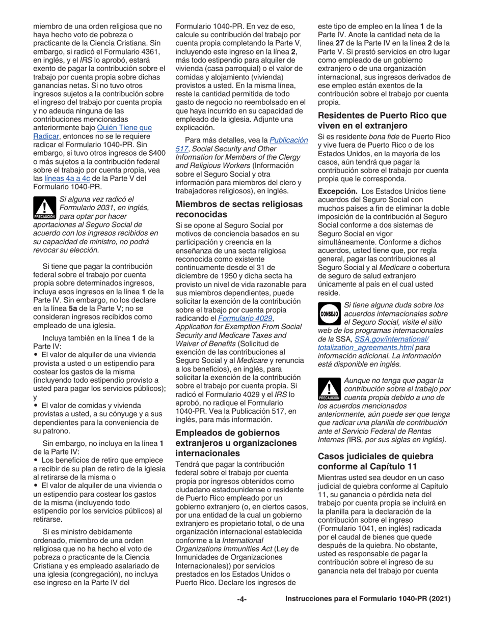 Instrucciones para IRS Formulario 1040-PR Planilla Para La Declaracion De La Contribucion Federal Sobre El Trabajo Por Cuenta Propia (Incluyendo El Credito Tributario Por Hijos Reembolsable Para Residentes Bona Fide De Puerto Rico) (Puerto Rican Spanish), Page 4