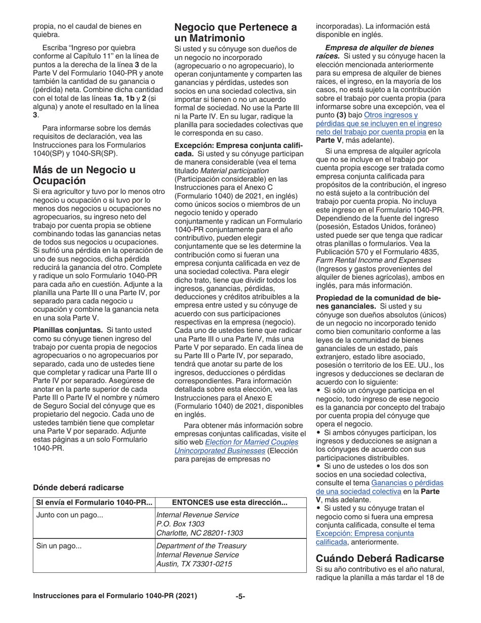 Instrucciones para IRS Formulario 1040-PR Planilla Para La Declaracion De La Contribucion Federal Sobre El Trabajo Por Cuenta Propia (Incluyendo El Credito Tributario Por Hijos Reembolsable Para Residentes Bona Fide De Puerto Rico) (Puerto Rican Spanish), Page 5