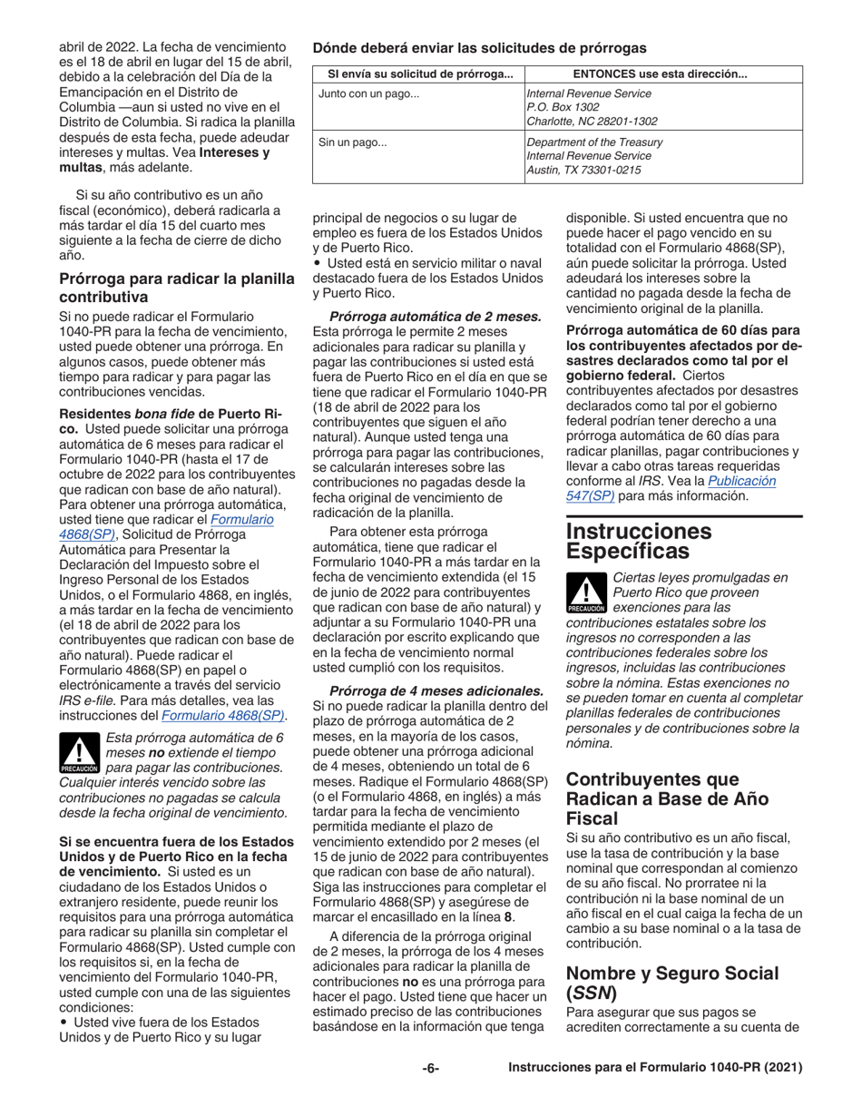 Instrucciones para IRS Formulario 1040-PR Planilla Para La Declaracion De La Contribucion Federal Sobre El Trabajo Por Cuenta Propia (Incluyendo El Credito Tributario Por Hijos Reembolsable Para Residentes Bona Fide De Puerto Rico) (Puerto Rican Spanish), Page 6