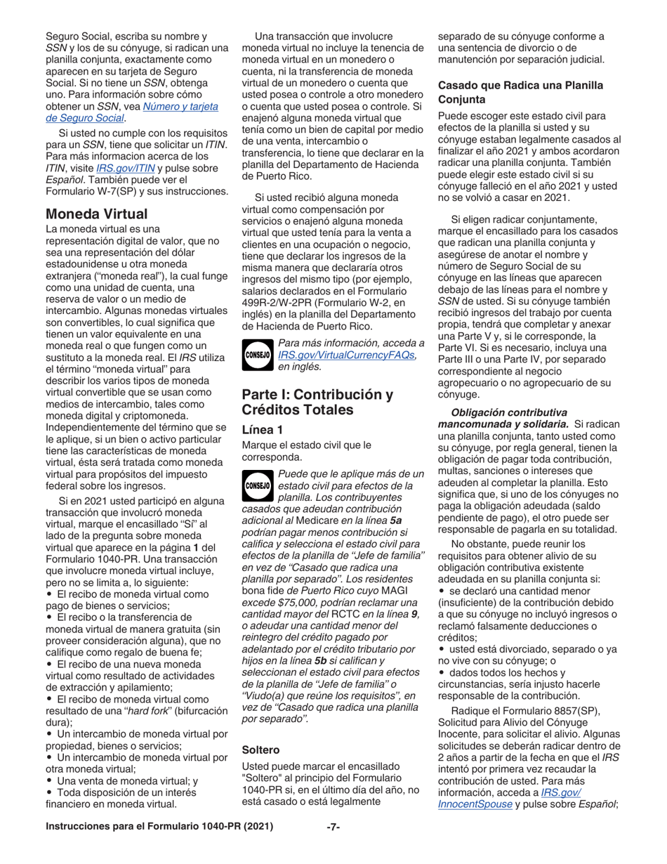 Instrucciones para IRS Formulario 1040-PR Planilla Para La Declaracion De La Contribucion Federal Sobre El Trabajo Por Cuenta Propia (Incluyendo El Credito Tributario Por Hijos Reembolsable Para Residentes Bona Fide De Puerto Rico) (Puerto Rican Spanish), Page 7