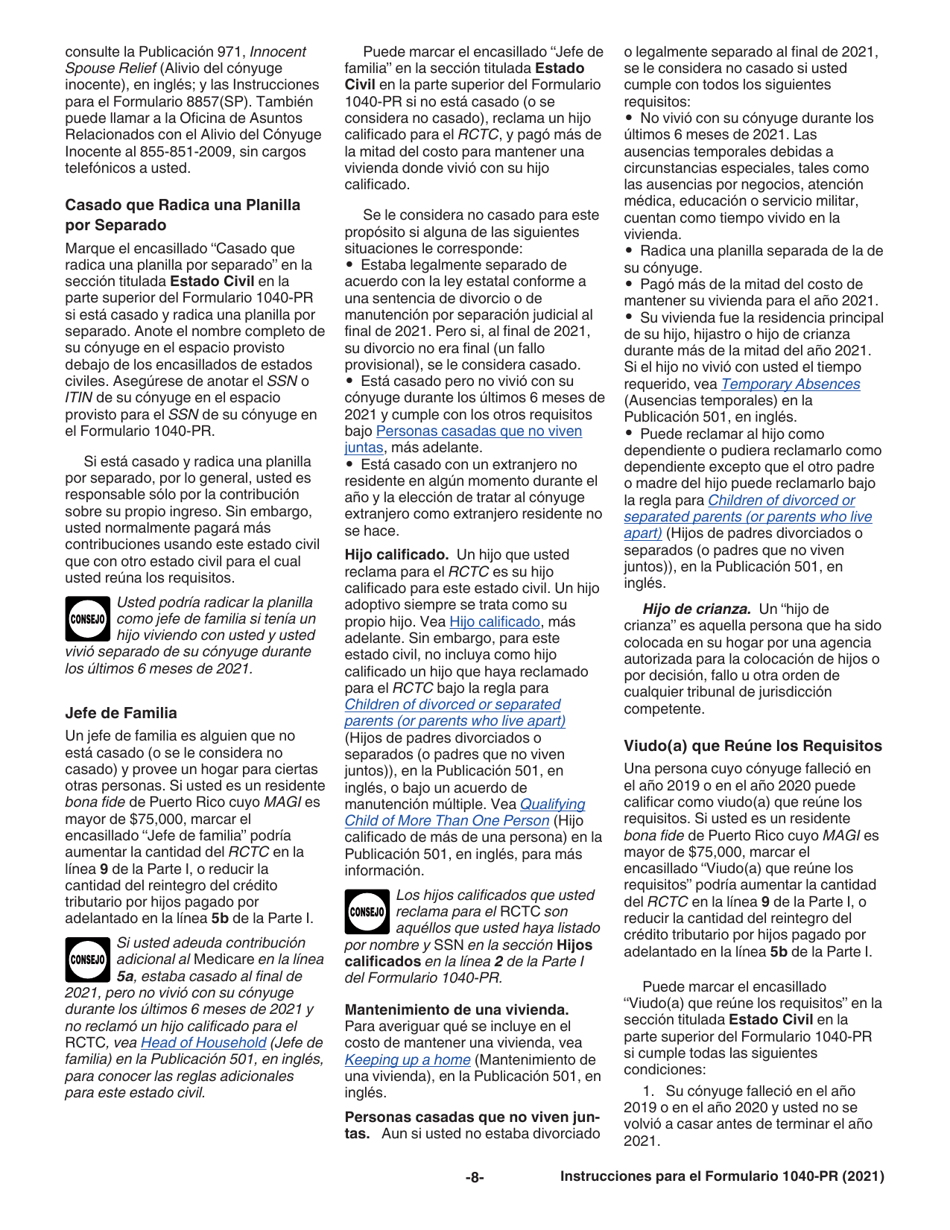 Instrucciones para IRS Formulario 1040-PR Planilla Para La Declaracion De La Contribucion Federal Sobre El Trabajo Por Cuenta Propia (Incluyendo El Credito Tributario Por Hijos Reembolsable Para Residentes Bona Fide De Puerto Rico) (Puerto Rican Spanish), Page 8