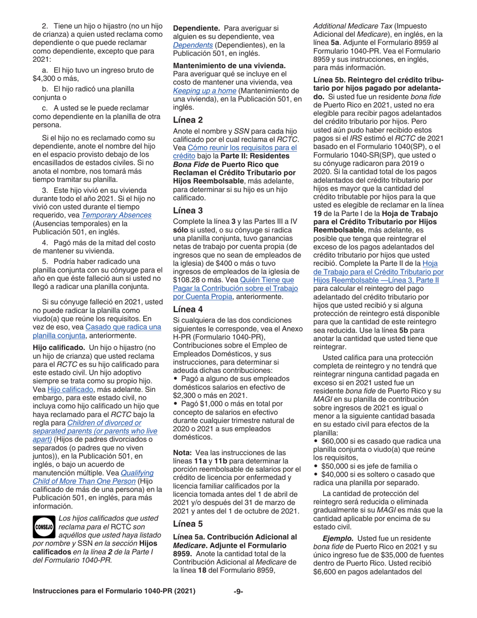 Instrucciones para IRS Formulario 1040-PR Planilla Para La Declaracion De La Contribucion Federal Sobre El Trabajo Por Cuenta Propia (Incluyendo El Credito Tributario Por Hijos Reembolsable Para Residentes Bona Fide De Puerto Rico) (Puerto Rican Spanish), Page 9