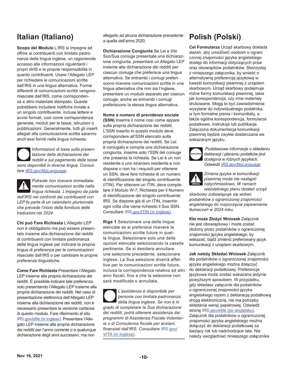 Instructions for IRS Form 1040 Schedule LEP Request for Change in Language Preference (English / Spanish / Portuguese / Russian / Bengali / Korean / Italian / Chinese / Vietnamese / Arabic / Tagalog / Japanese / Farsi / French / Gujarati / Haitian Creole / Khmer / Polish / Punjabi / Urdu / Chinese Simplified), Page 10
