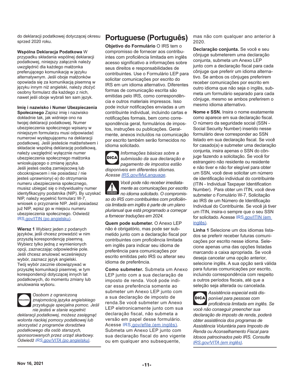 Instructions for IRS Form 1040 Schedule LEP Request for Change in Language Preference (English / Spanish / Portuguese / Russian / Bengali / Korean / Italian / Chinese / Vietnamese / Arabic / Tagalog / Japanese / Farsi / French / Gujarati / Haitian Creole / Khmer / Polish / Punjabi / Urdu / Chinese Simplified), Page 11