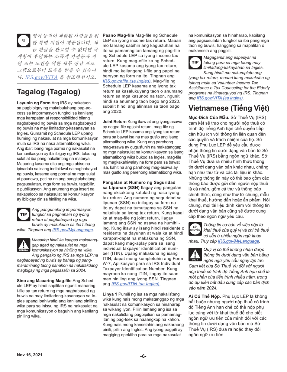 Instructions for IRS Form 1040 Schedule LEP Request for Change in Language Preference (English / Spanish / Portuguese / Russian / Bengali / Korean / Italian / Chinese / Vietnamese / Arabic / Tagalog / Japanese / Farsi / French / Gujarati / Haitian Creole / Khmer / Polish / Punjabi / Urdu / Chinese Simplified), Page 6