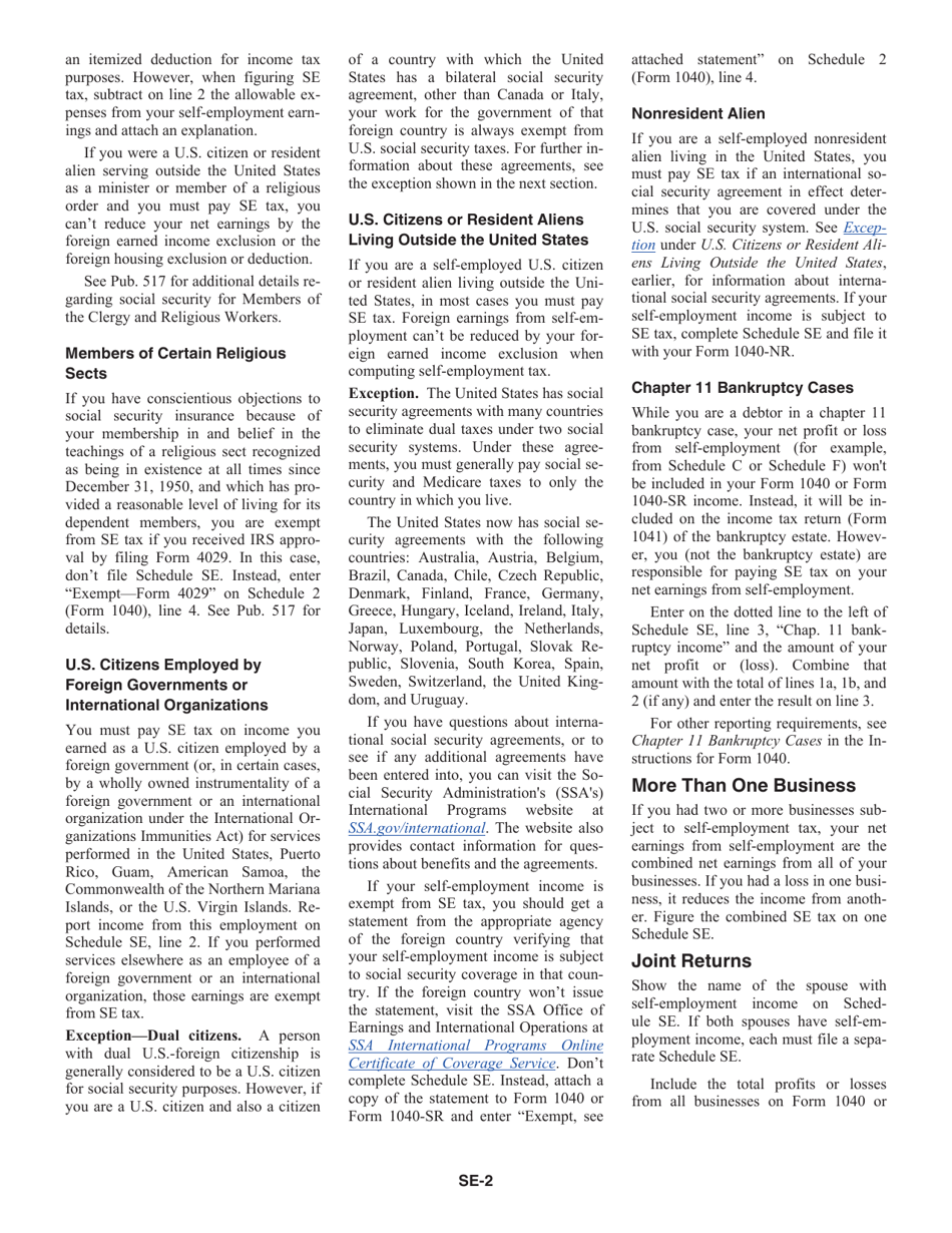 Instructions for IRS Form 1040 Schedule SE Self-employment Tax, Page 2