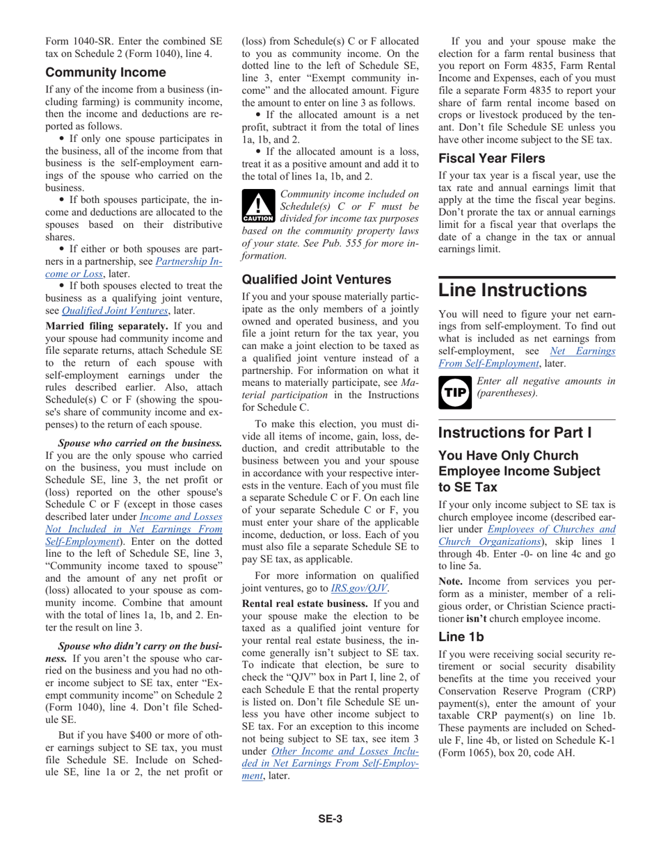 Instructions for IRS Form 1040 Schedule SE Self-employment Tax, Page 3