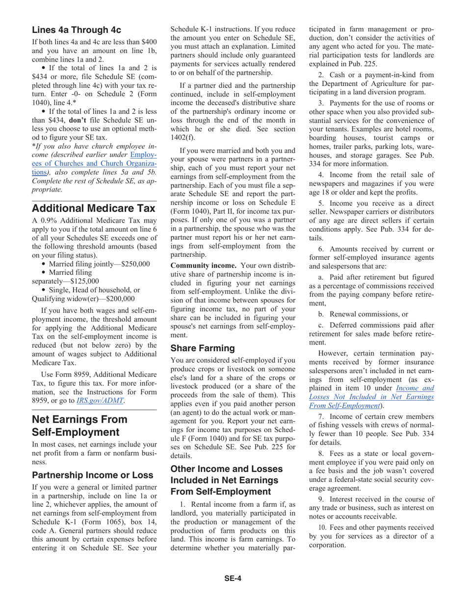 Instructions for IRS Form 1040 Schedule SE Self-employment Tax, Page 4