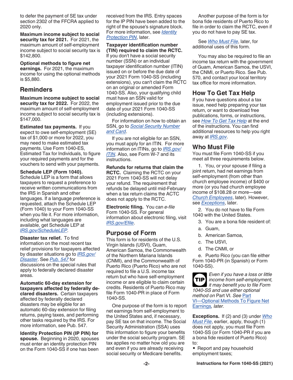 Instructions for IRS Form 1040-SS U.S. Self-employment Tax Return (Including the Refundable Child Tax Credit for Bona Fide Residents of Puerto Rico), Page 2