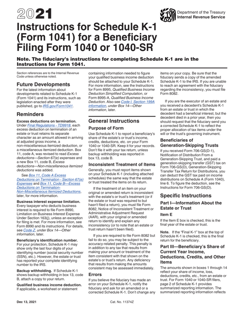 IRS Form 1041 Schedule K-1 2021 Printable Pdf