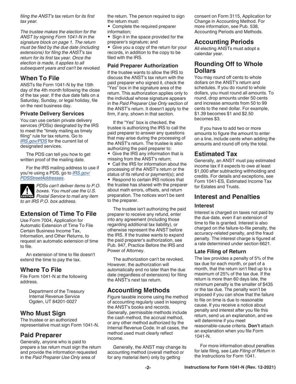 Instructions for IRS Form 1041-N U.S. Income Tax Return for Electing Alaska Native Settlement Trusts, Page 2