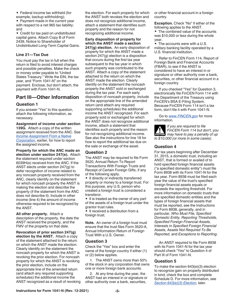 Instructions for IRS Form 1041-N U.S. Income Tax Return for Electing Alaska Native Settlement Trusts, Page 5
