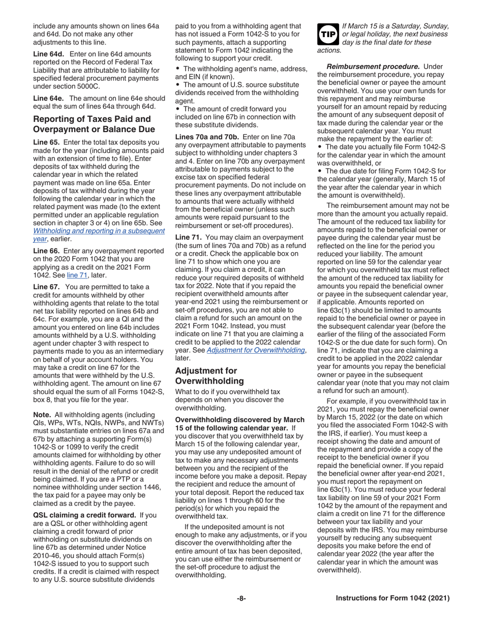 Instructions for IRS Form 1042 Annual Withholding Tax Return for U.S. Source Income of Foreign Persons, Page 8