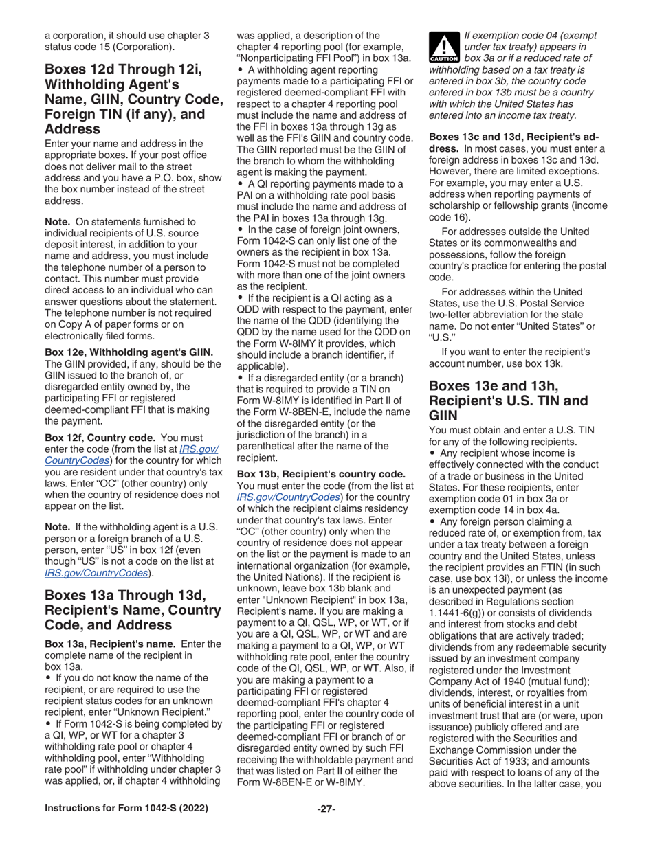 Instructions for IRS Form 1042-S Foreign Persons U.S. Source Income Subject to Withholding, Page 27