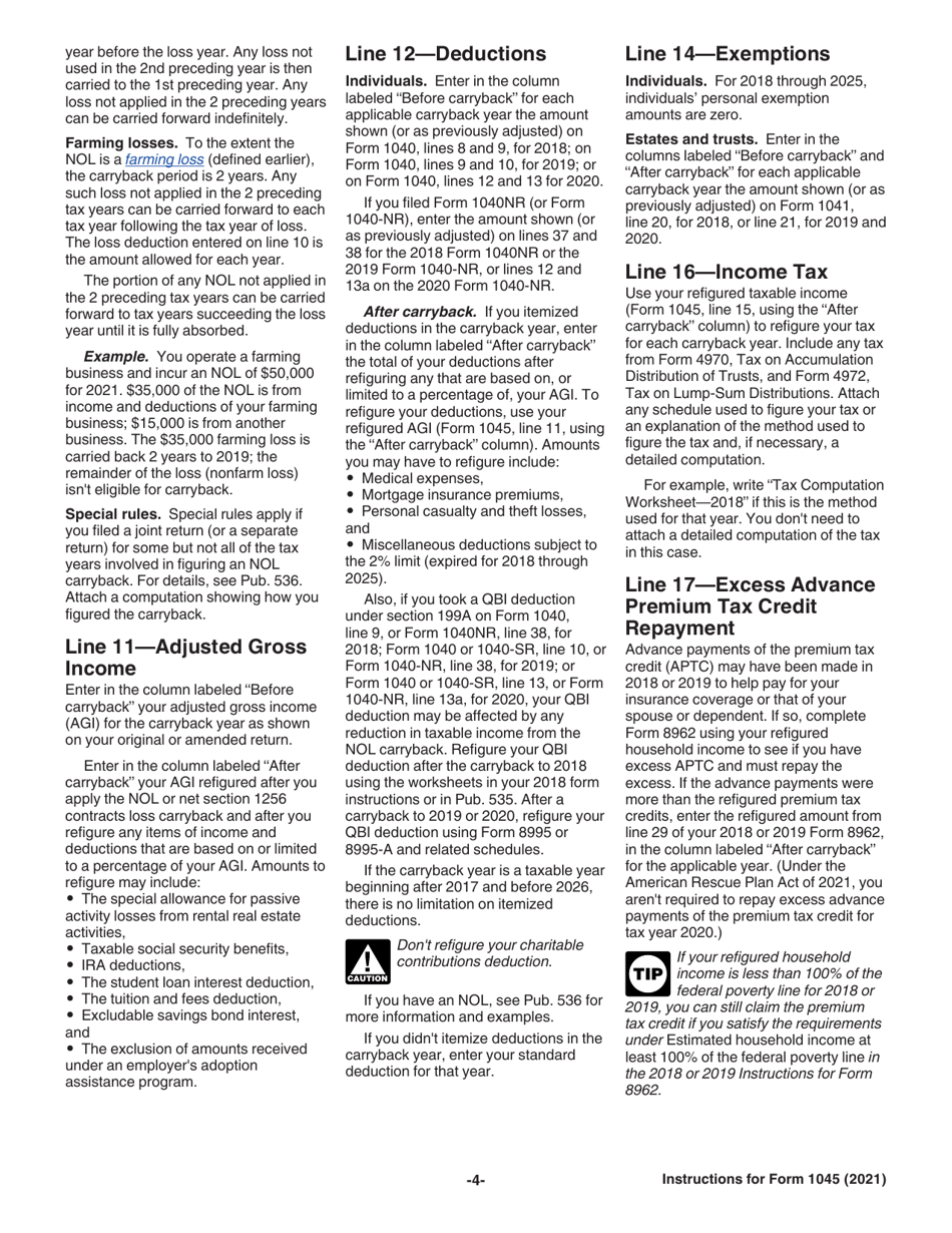 Instructions for IRS Form 1045 Application for Tentative Refund, Page 4