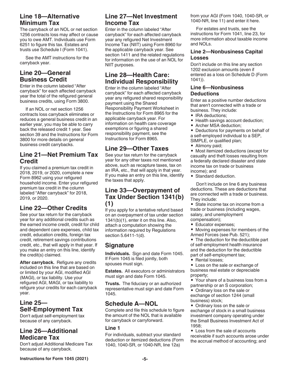 Instructions for IRS Form 1045 Application for Tentative Refund, Page 5