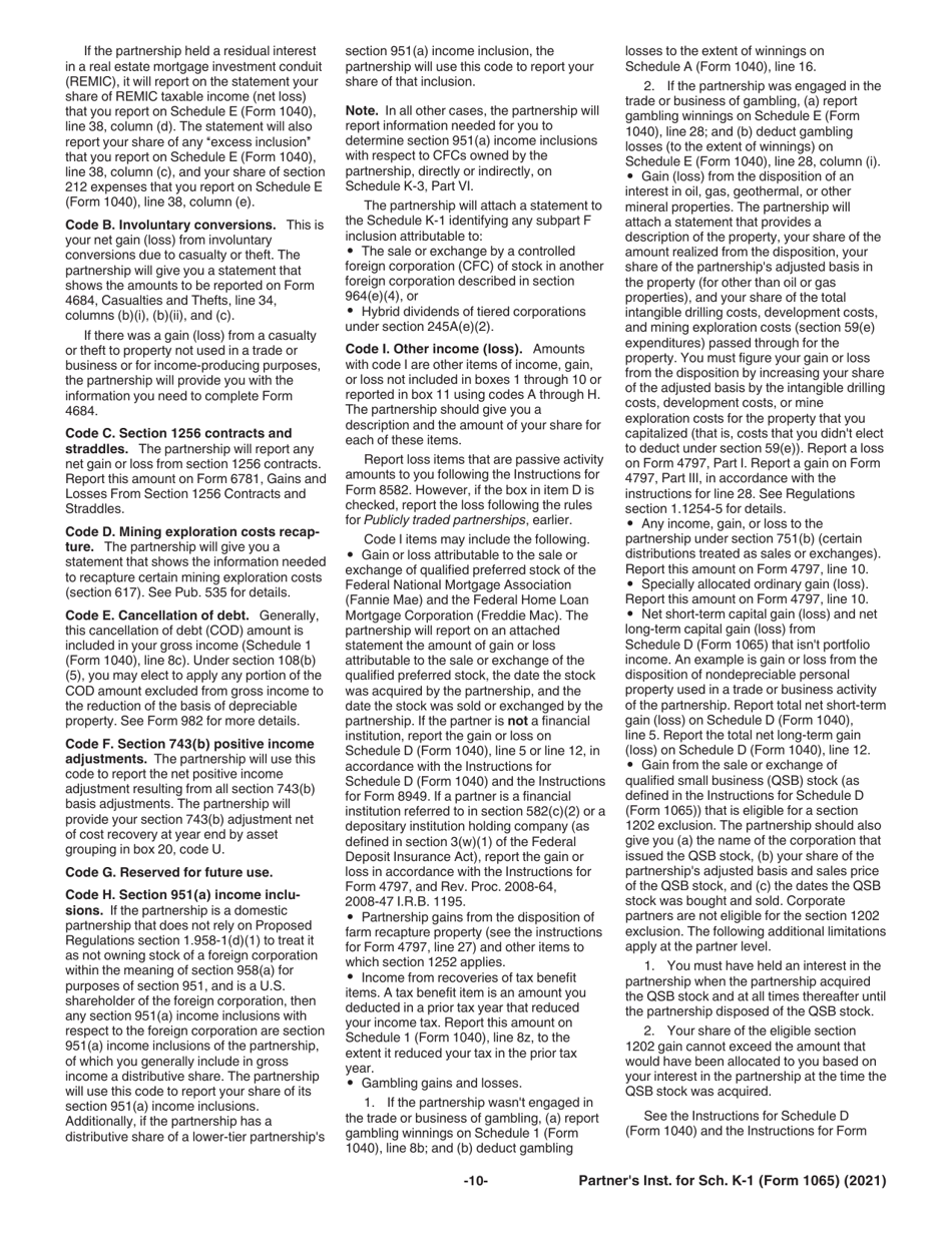 Instructions for IRS Form 1065 Schedule K-1 Partners Share of Income, Deductions, Credits, Etc., Page 10