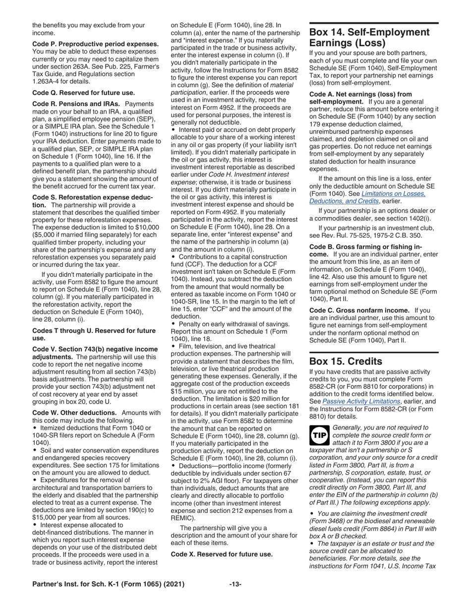 Instructions for IRS Form 1065 Schedule K-1 Partners Share of Income, Deductions, Credits, Etc., Page 13