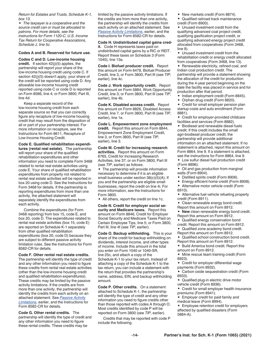 Instructions for IRS Form 1065 Schedule K-1 Partners Share of Income, Deductions, Credits, Etc., Page 14