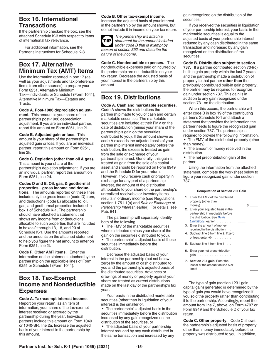 Instructions for IRS Form 1065 Schedule K-1 Partners Share of Income, Deductions, Credits, Etc., Page 15