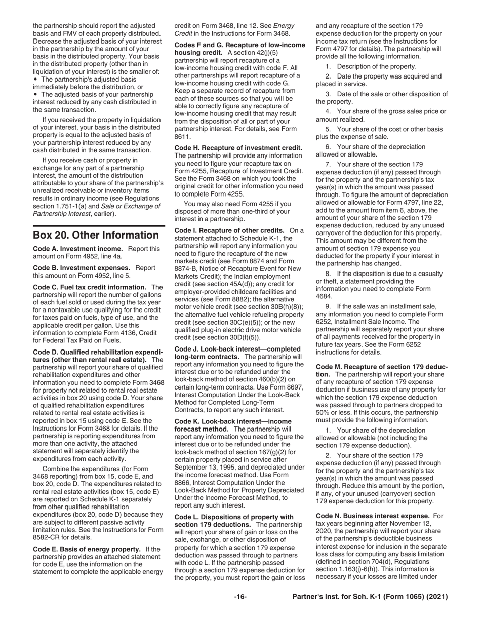Instructions for IRS Form 1065 Schedule K-1 Partners Share of Income, Deductions, Credits, Etc., Page 16