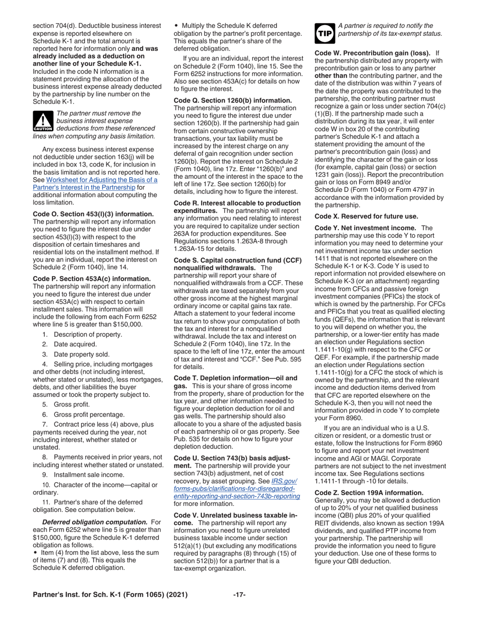 Instructions for IRS Form 1065 Schedule K-1 Partners Share of Income, Deductions, Credits, Etc., Page 17