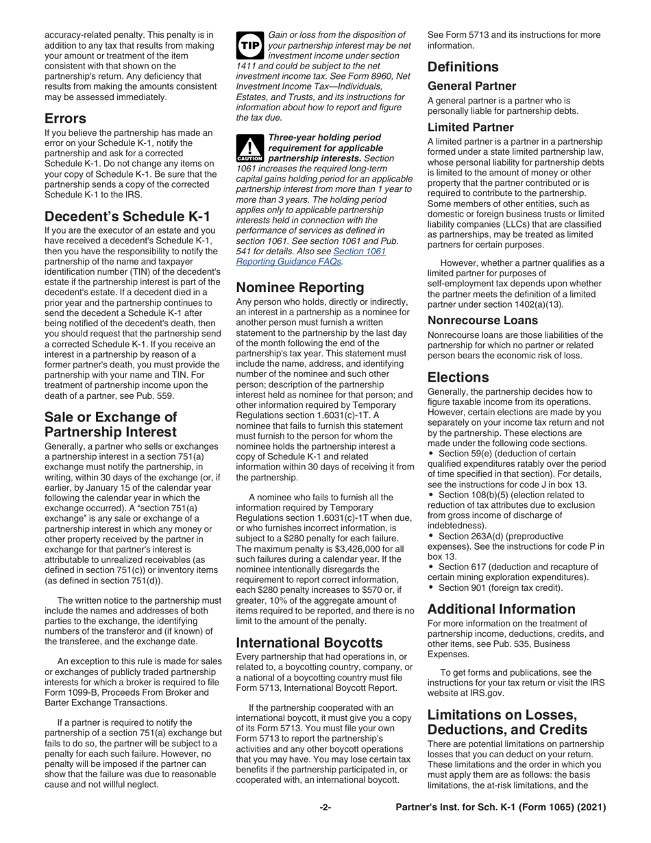 Instructions for IRS Form 1065 Schedule K-1 Partners Share of Income, Deductions, Credits, Etc., Page 2
