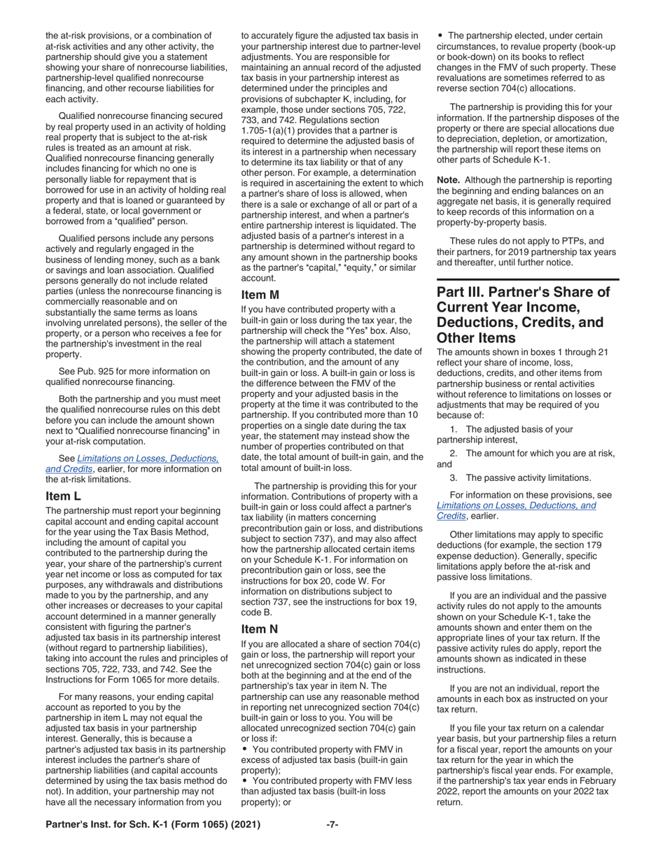 Instructions for IRS Form 1065 Schedule K-1 Partners Share of Income, Deductions, Credits, Etc., Page 7