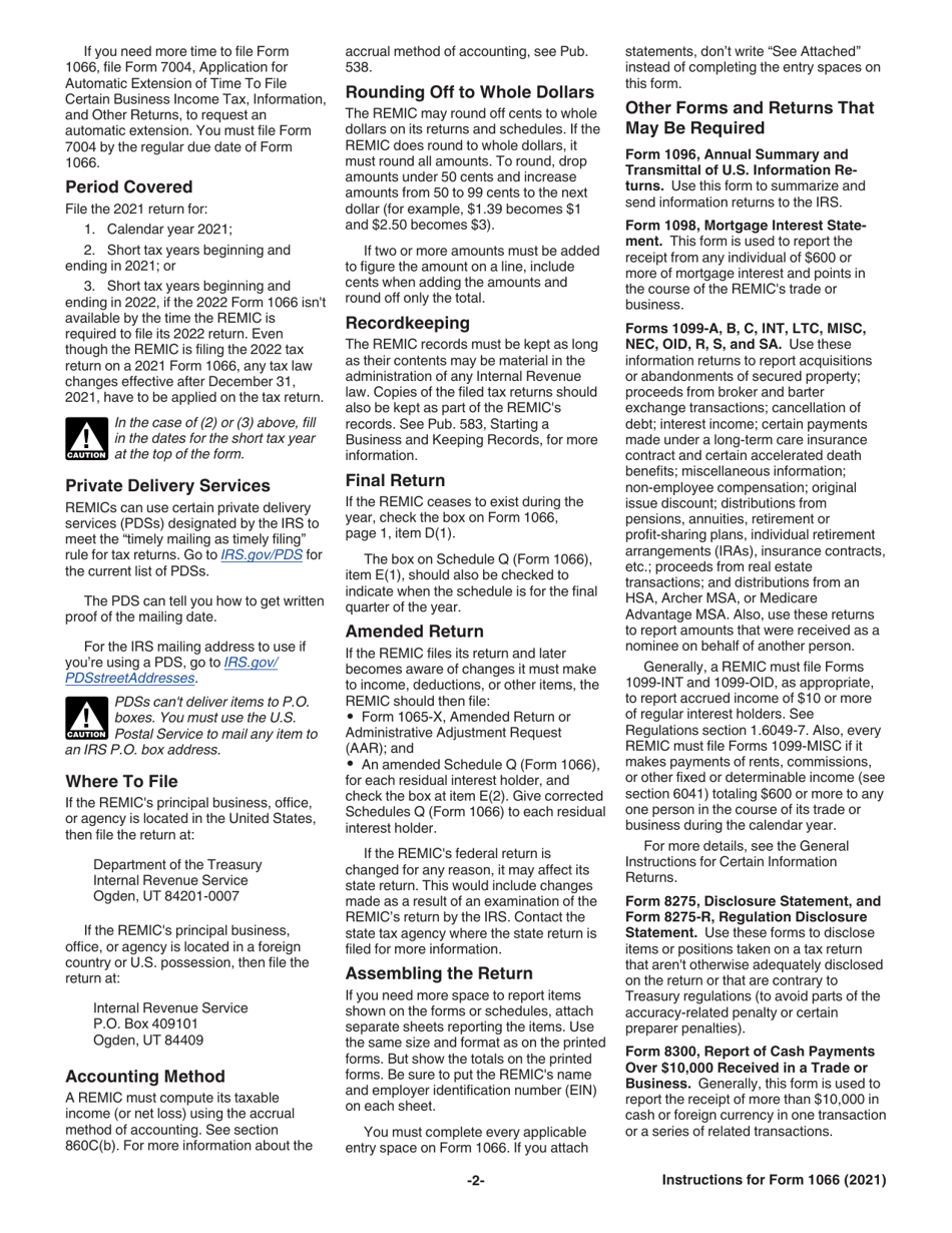 Instructions for IRS Form 1066 U.S. Real Estate Mortgage Investment Conduit (REMIC) Income Tax Return, Page 2