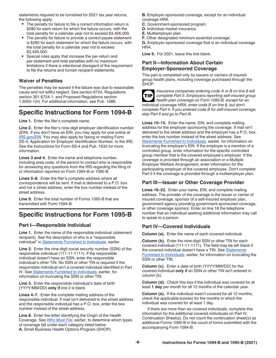 Instructions for IRS Form 1094-B, 1095-B, Page 6