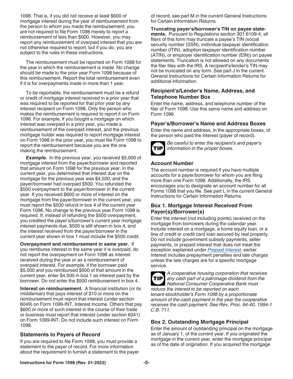 Download Instructions for IRS Form 1098 Mortgage Interest Statement PDF ...