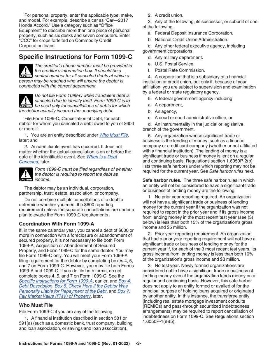 Instructions for IRS Form 1099-A, 1099-C Acquisition or Abandonment of Secured Property and Cancellation of Debt, Page 3