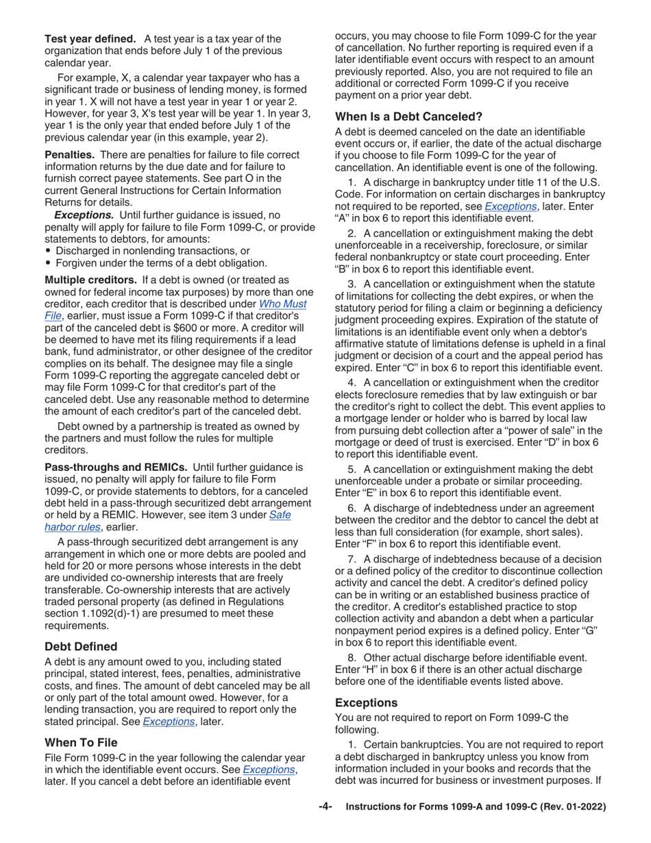Instructions for IRS Form 1099-A, 1099-C Acquisition or Abandonment of Secured Property and Cancellation of Debt, Page 4