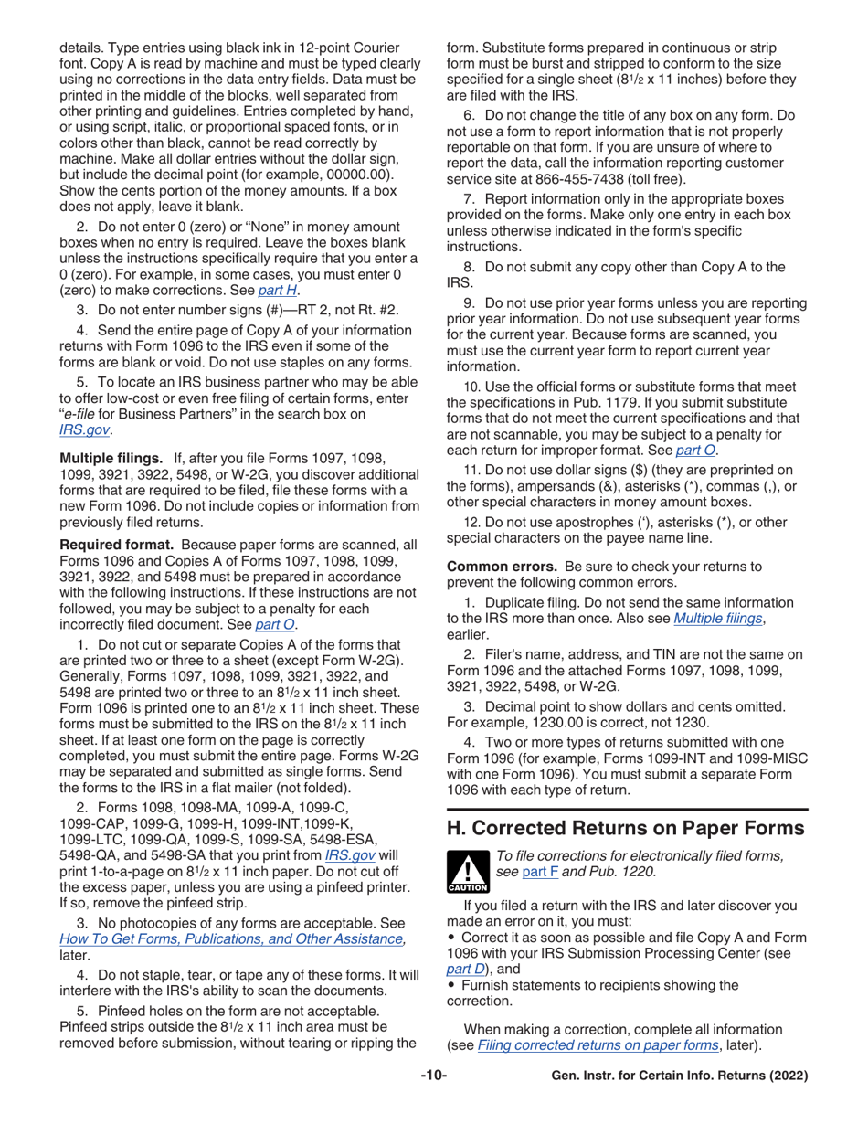 Instructions for IRS Form 1096, 1097, 1098, 1099, 3921, 3922, 5498, W-2G, Page 10