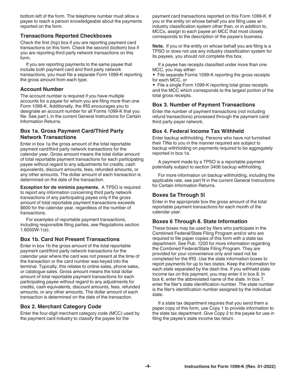 Instructions for IRS Form 1099-K Payment Card and Third Party Network Transactions, Page 4