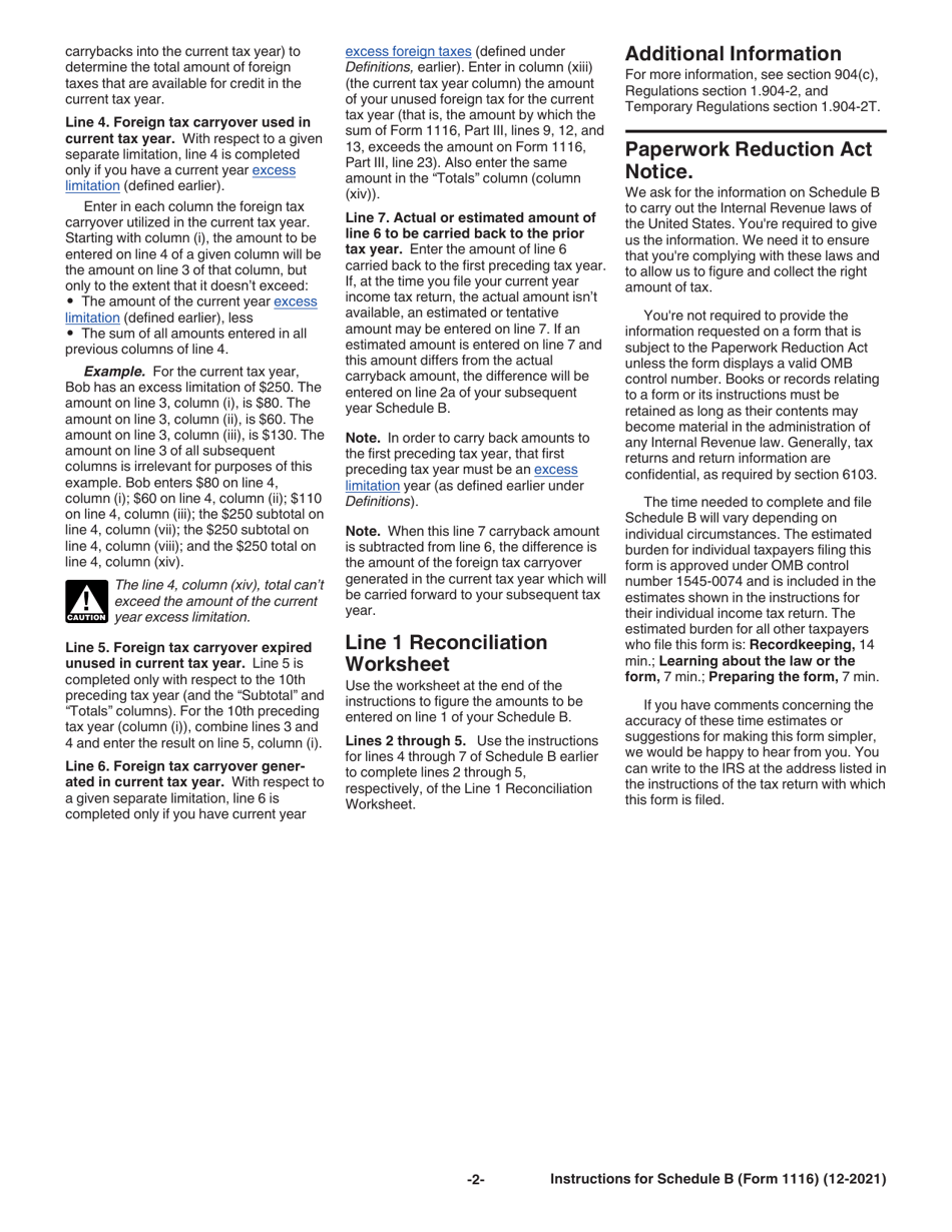 Instructions for IRS Form 1116 Schedule B Foreign Tax Carryover Reconciliation Schedule, Page 2