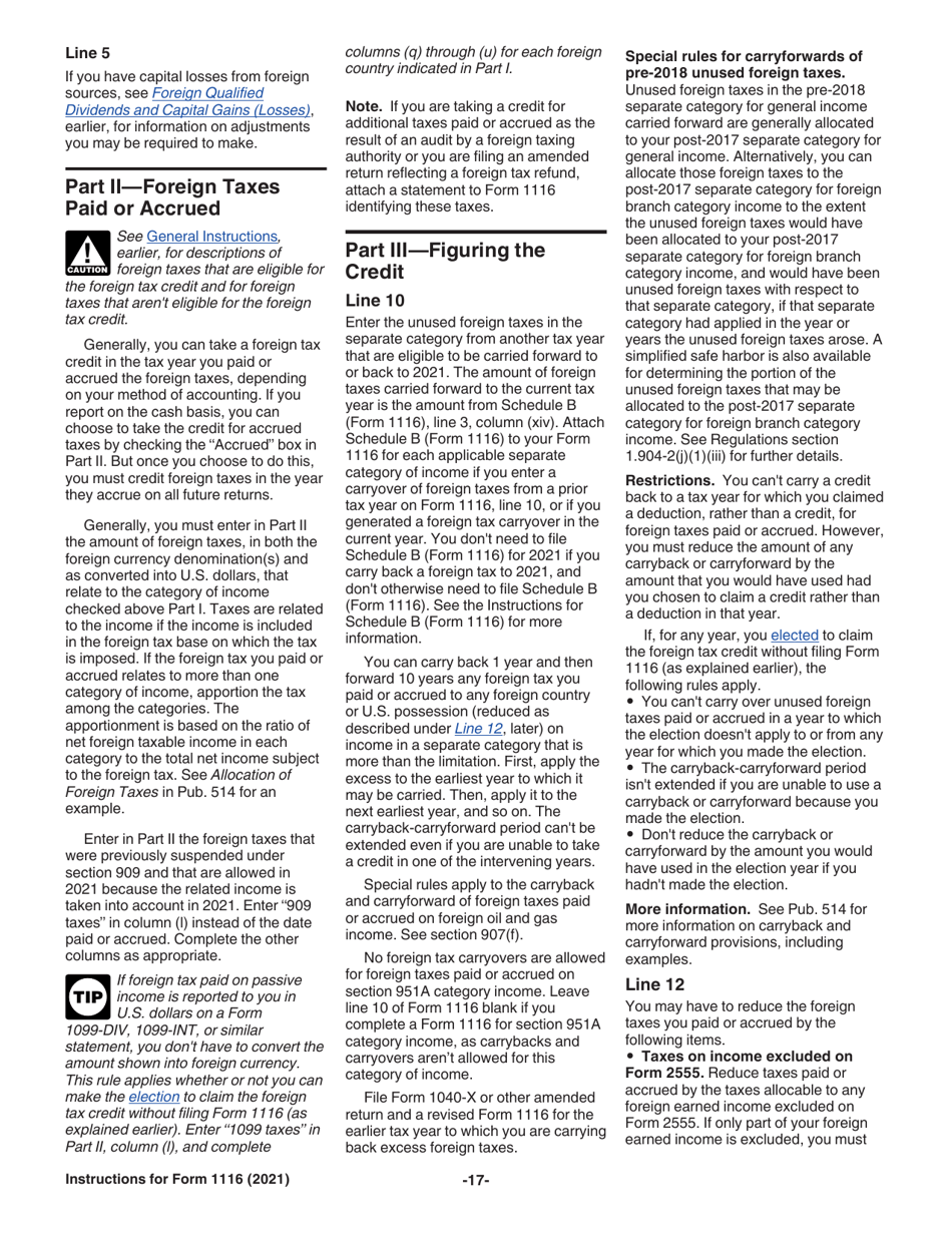 Download Instructions for IRS Form 1116 Foreign Tax Credit (Individual