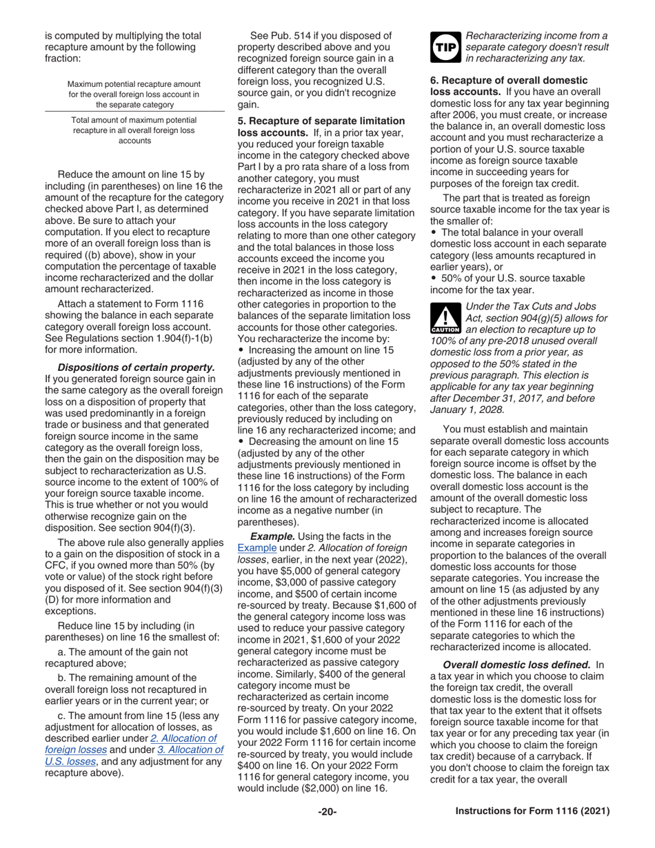 Download Instructions for IRS Form 1116 Foreign Tax Credit (Individual