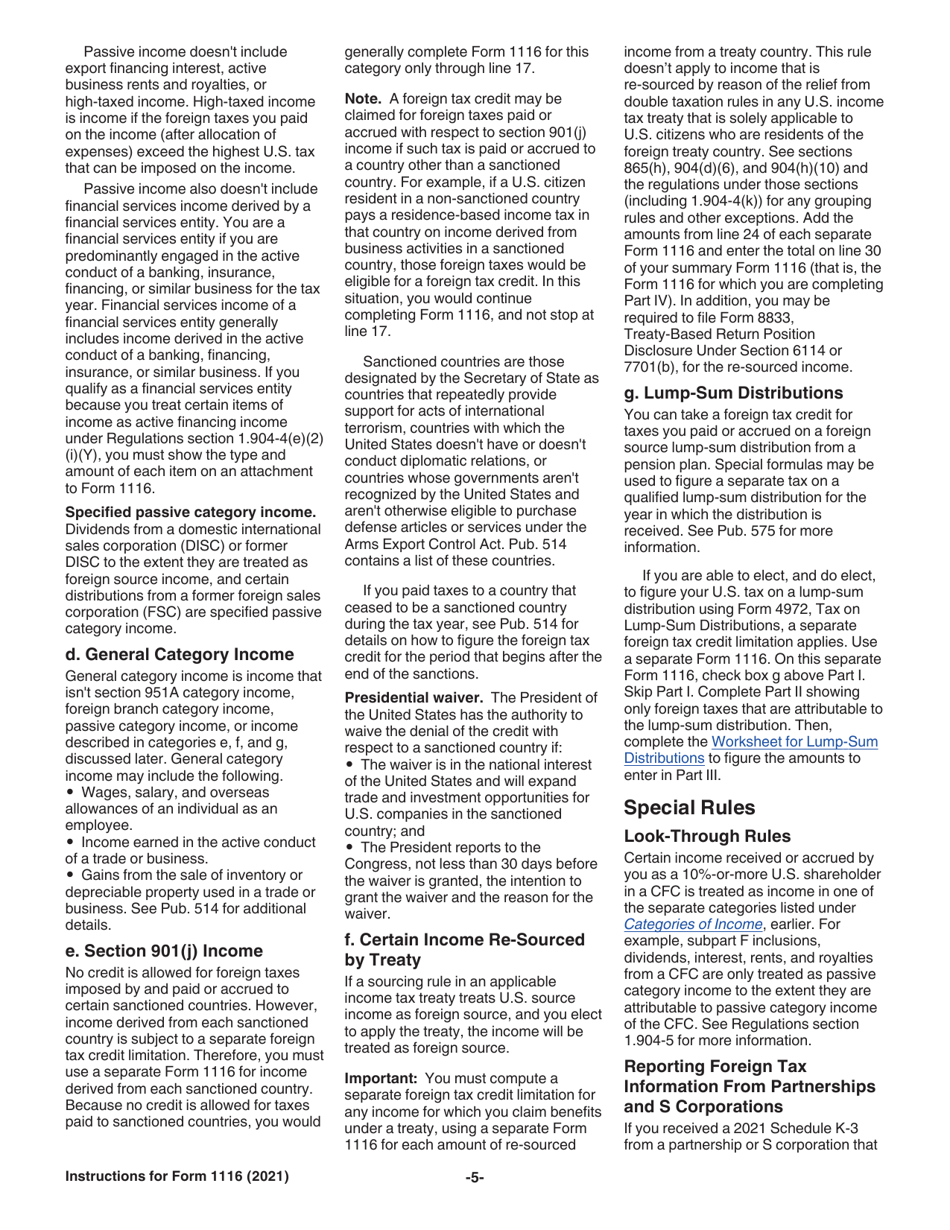 Download Instructions for IRS Form 1116 Foreign Tax Credit (Individual