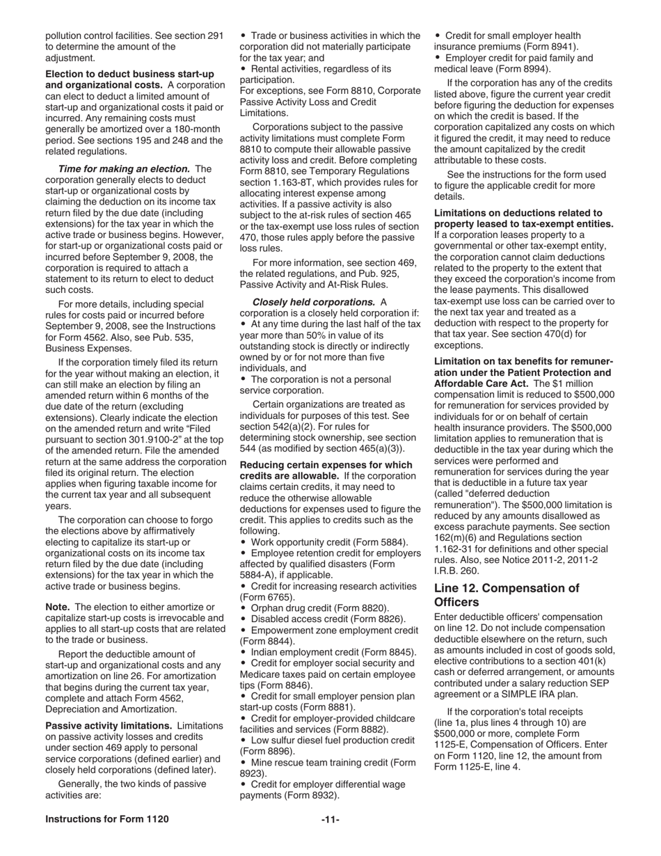 Instructions for IRS Form 1120 U.S. Corporation Income Tax Return, Page 11