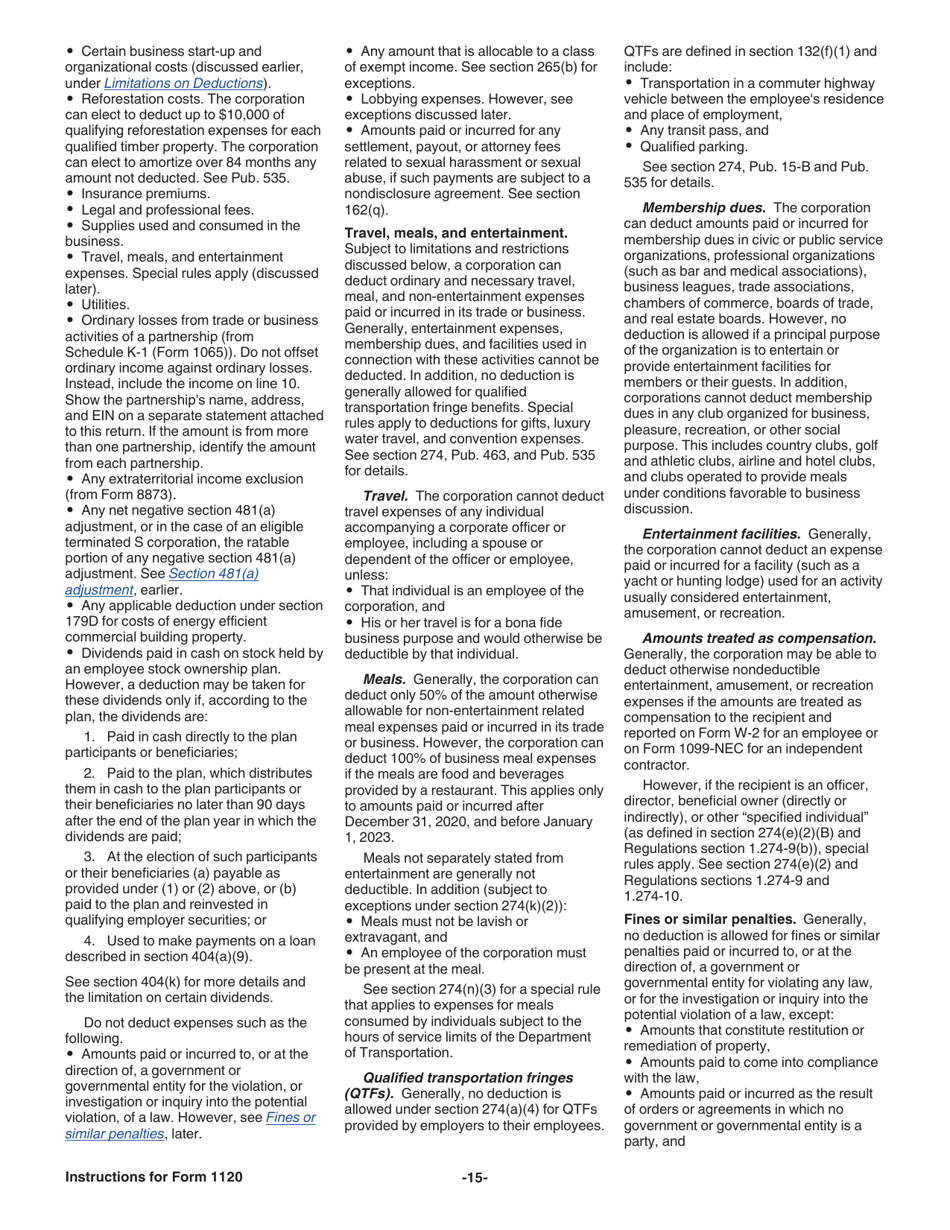 Instructions for IRS Form 1120 U.S. Corporation Income Tax Return, Page 15