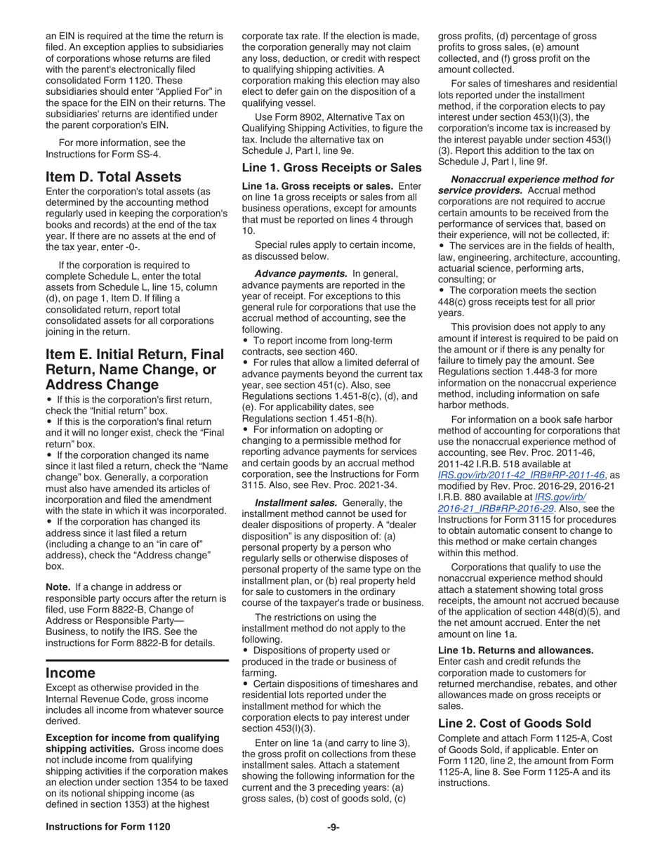 Instructions for IRS Form 1120 U.S. Corporation Income Tax Return, Page 9